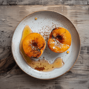 Warme geroosterde perziken met honing en kaneel. Een eenvoudig, elegant mediterraan dessert dat natuurlijk zoet en vol smaak is.