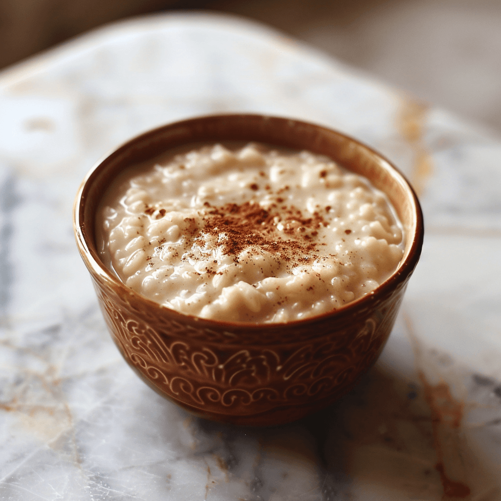 Warme rijstpudding met amandelmelk, honing en kaneel. Licht, zuivelvrij en natuurlijk gezoet met mediterrane smaken.