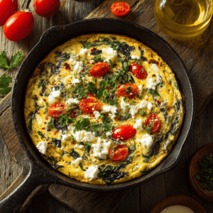 Een luchtige Mediterrane frittata met spinazie en feta, een eenvoudig, gezond en eiwitrijk gerecht, perfect voor ontbijt, lunch of brunch.