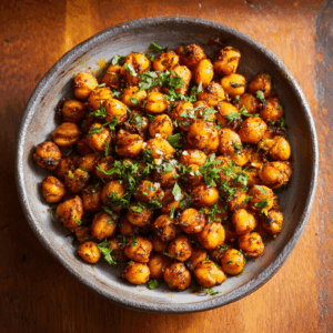 Knapperige mediterrane geroosterde kikkererwten met kruiden, een gezonde, vegan en vezelrijke snack gemaakt met olijfolie, paprikapoeder en komijn. Perfect krokant en vol smaak.