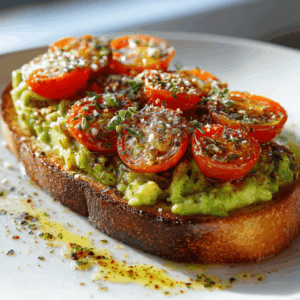Een frisse mediterrane avocadotoast met olijfolie en tomaat, romig, kleurrijk en goed voor het hart, perfect als ontbijt, lunch of snelle snack.