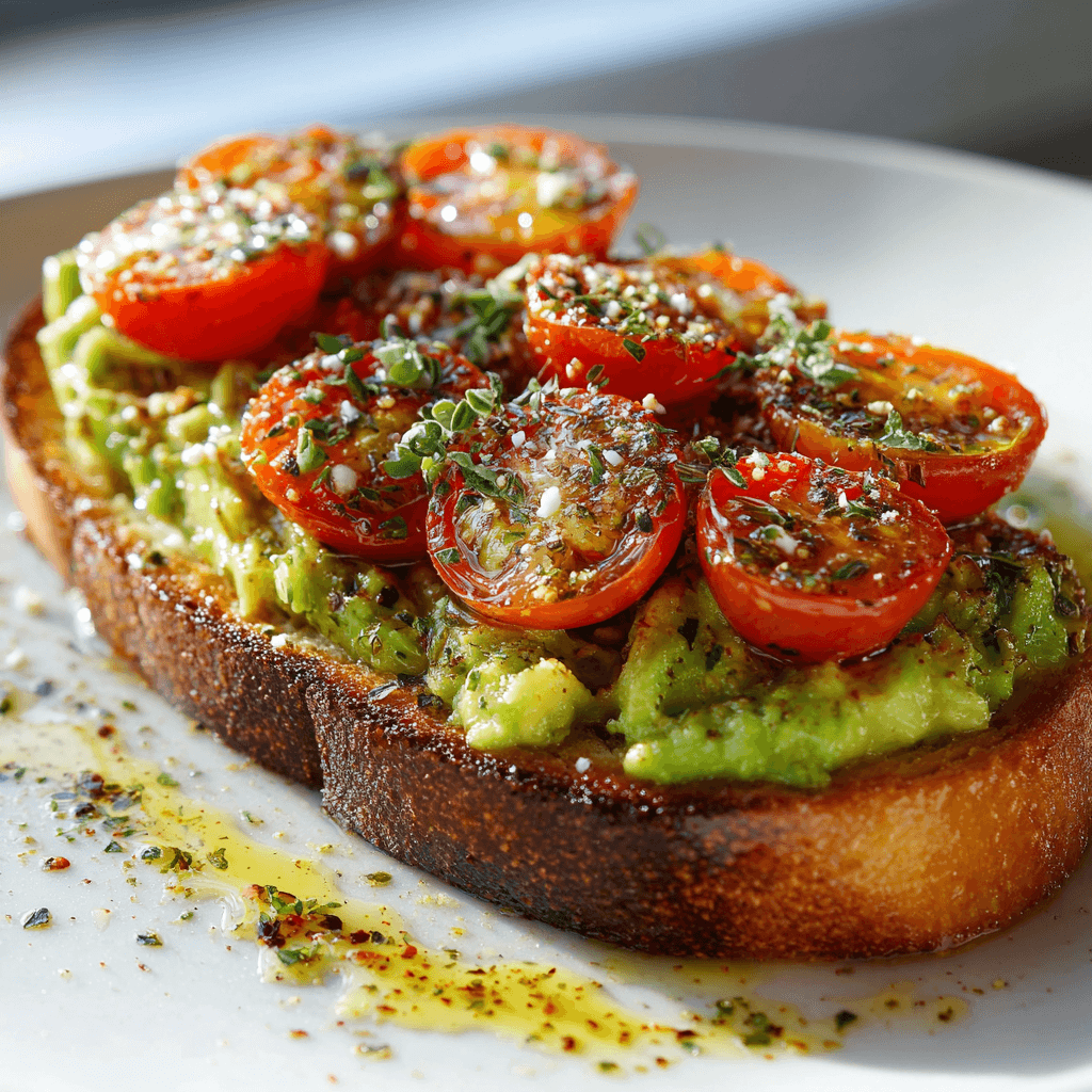 Een frisse mediterrane avocadotoast met olijfolie en tomaat, romig, kleurrijk en goed voor het hart, perfect als ontbijt, lunch of snelle snack.