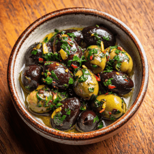 Mediterrane gemarineerde olijven met kruiden, een eenvoudig en smaakvol voorgerecht met olijfolie, knoflook en citrus. Vegan, glutenvrij en hart-gezond. Perfect voor mezzeplanken of als snack.