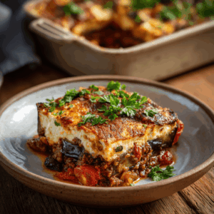 Mediterrane Griekse moussaka, een eiwitrijke aubergineschotel met gekruid gehakt en romige yoghurttopping. Glutenvrij, voedzaam en vol smaak.