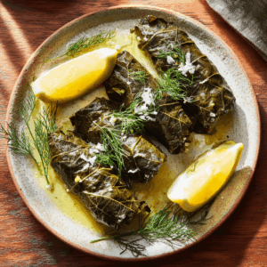 Mediterrane gevulde wijnbladeren (dolma’s): een klassieke vegan en glutenvrije mezze met rijst, kruiden en citroen, gewikkeld in zachte wijnbladeren. Licht, smaakvol en hartgezond.