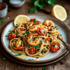 Mediterrane garnalen-linguine met olijfolie en knoflook, een licht en eiwitrijk pastagerecht met citroen, kruiden en verse tomaten. Snel, elegant en vol smaak.