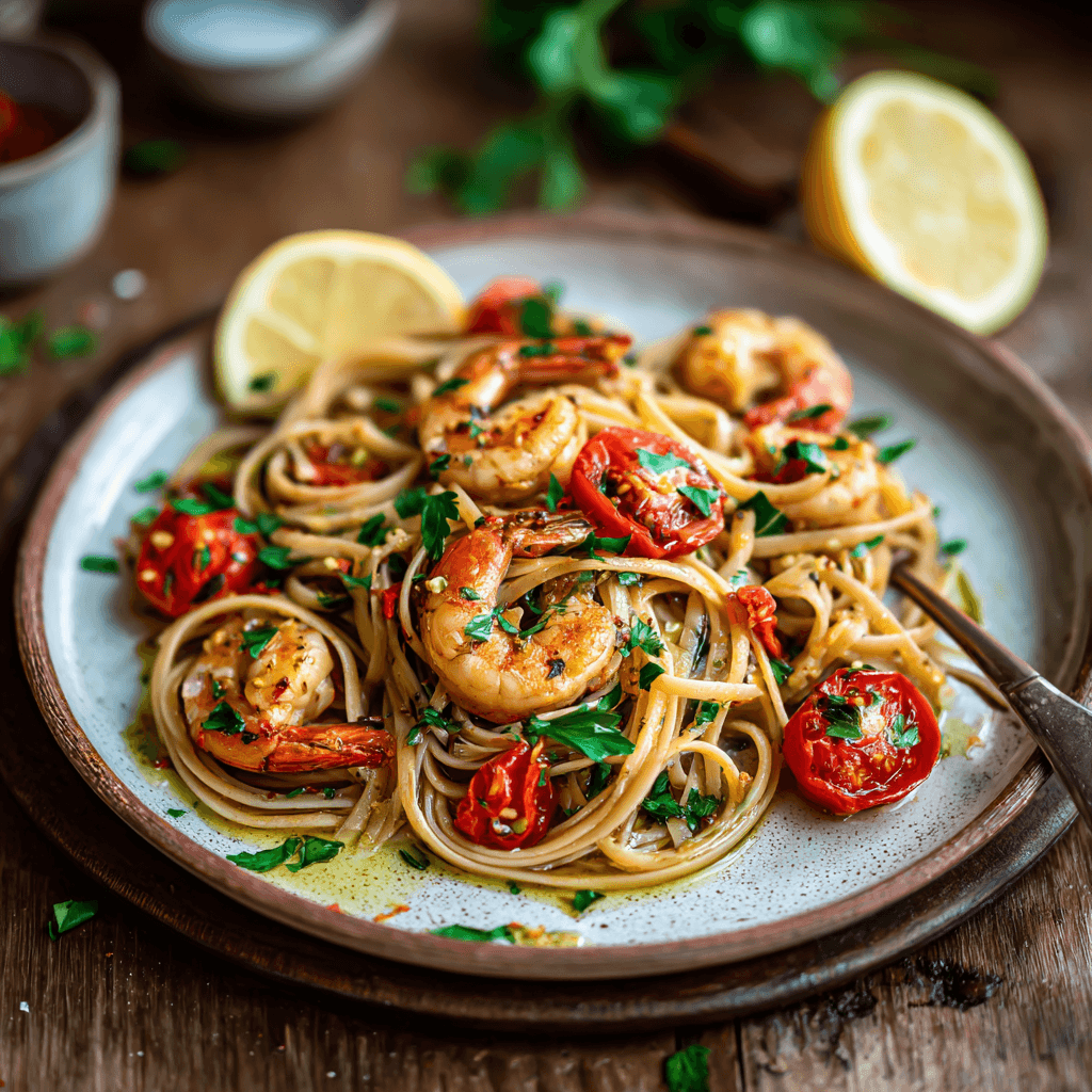 Linguine met garnalen, olijfolie en knoflook