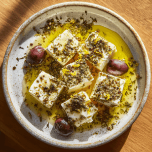 Mediterrane fetablokjes met olijfolie en oregano: een eenvoudig en elegant voorgerecht met romige feta, kruiden en olijfolie. Vegetarisch, glutenvrij en perfect voor een mezze of borrelplank.
