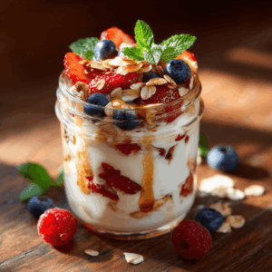 Een romige Mediterrane Griekse Yoghurt Parfait met Bessen, vers, eiwitrijk en natuurlijk zoet – perfect als gezond ontbijt of tussendoortje.