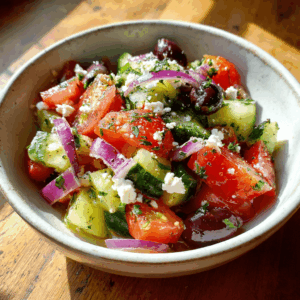 Een frisse Mediterrane Tomaat- en Komkommer Ontbijtsalade met olijfolie en citroen, licht, pittig en hartvriendelijk, perfect voor ontbijt of bijgerechten.