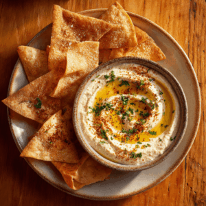 Mediterrane pitachips met hummus: een gezonde, vezelrijke snack met knapperige volkoren pita en romige hummus. Vegetarisch, hartgezond en boordevol smaak.