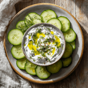 Mediterrane komkommerschijfjes met tzatzikidip: een frisse, eiwitrijke snack met Griekse yoghurt, knoflook, dille en olijfolie. Glutenvrij, hartgezond en perfect binnen het mediterrane dieet.