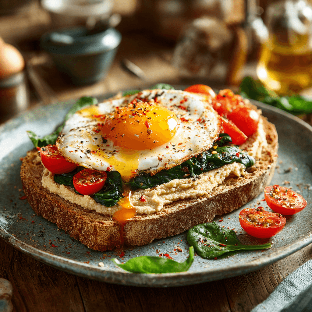 Een romige Mediterrane Volkoren Toast met Hummus en Ei, eiwitrijk, goed voor het hart en vol smaak, ideaal voor een snelle, voedzame maaltijd.