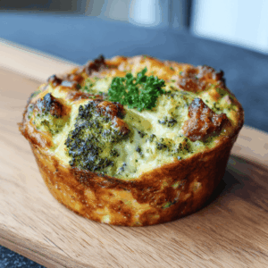 Goudbruin broccoli ontbijttaartje uit de airfryer, geserveerd op een klein bord. Het taartje is gemaakt van ei, broccoli, kaas en spek en heeft een stevige, luchtige structuur met zichtbaar groene broccoliroosjes en een licht gekarameliseerde bovenkant.