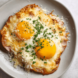 Goudbruine keto uitsmijter uit de airfryer met twee eieren, gesmolten oude kaas en een plak ham als basis. Het gerecht wordt geserveerd op een klein bord en heeft een smeuïge, hartige structuur met licht gesmolten kaas en een zachte dooier.