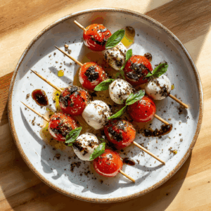 Mediterrane mini Caprese spiesjes – een lichte, hart-gezonde snack met mozzarella, cherrytomaten, basilicum en olijfolie. Glutenvrij, koolhydraatarm en perfect binnen het mediterrane dieet.