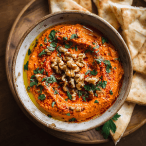 Mediterrane Muhammara, een romige dip van geroosterde rode paprika en walnoten met olijfolie, citroen en specerijen. Vegan, glutenvrij en geschikt voor het mediterrane dieet.