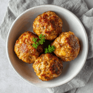 Vier goudbruin gebakken ontbijtgehaktballetjes uit de airfryer, geserveerd op een klein bord. De balletjes zijn stevig van buiten met een licht krokante korst en sappig van binnen, afgewerkt met een vleugje fijngehakte peterselie.