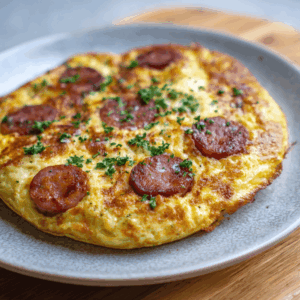 Goudbruine omelet uit de airfryer met plakjes rookworst en gesmolten oude kaas, geserveerd op een klein bord. De omelet heeft een luchtige structuur met hartige stukjes rookworst en een romige, licht gesmolten kaaslaag bovenop.