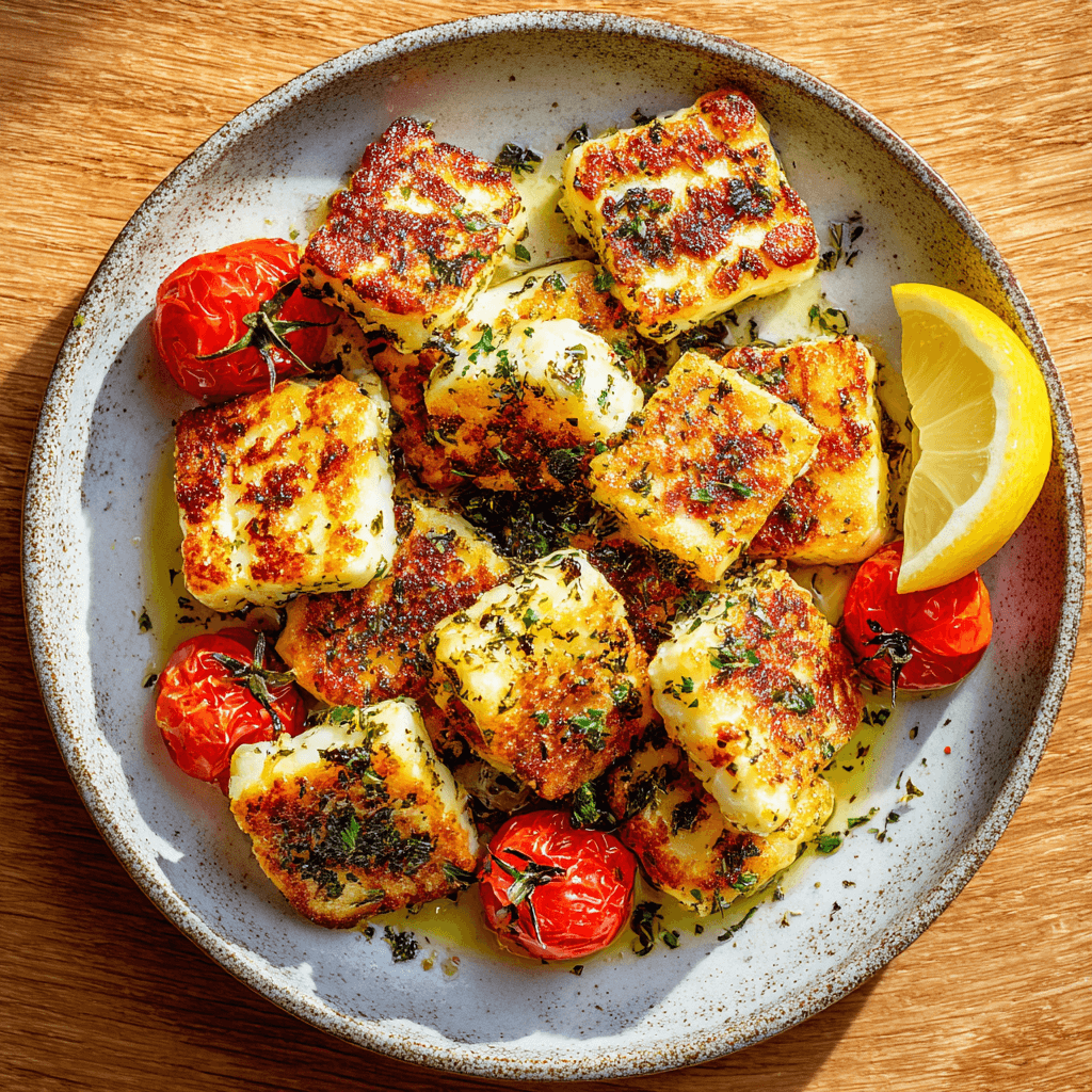Goudbruine mediterrane halloumi kaasbites, knapperig van buiten en romig van binnen, met olijfolie, oregano en citroen. Een snelle, gezonde vegetarische snack.