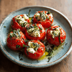 Mediterrane cherrytomaten gevuld met feta, olijfolie en kruiden. Een lichte, koolhydraatarme snack vol frisse en zonnige smaken.