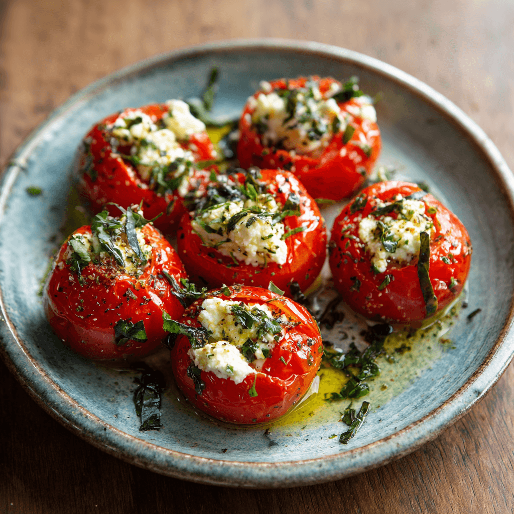 Mediterrane cherrytomaten gevuld met feta, olijfolie en kruiden. Een lichte, koolhydraatarme snack vol frisse en zonnige smaken.