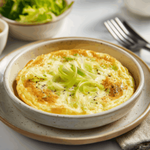 Goudbruine omelet met zachte prei en gesmolten kaas, vers bereid in de airfryer. De luchtige omelet is warm geserveerd in een klein schaaltje en afgewerkt met een fijn preiblaadje voor een eenvoudige, huiselijke uitstraling.