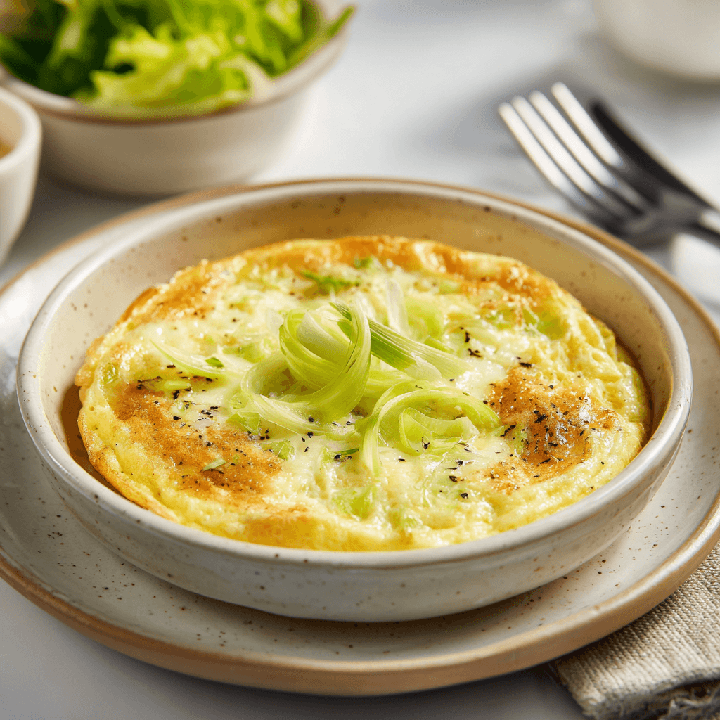 Goudbruine omelet met zachte prei en gesmolten kaas, vers bereid in de airfryer. De luchtige omelet is warm geserveerd in een klein schaaltje en afgewerkt met een fijn preiblaadje voor een eenvoudige, huiselijke uitstraling.