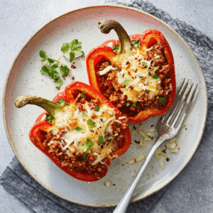Twee halve paprika’s gevuld met gekruid gehakt en gegratineerde oude kaas, goudbruin gebakken in de airfryer en geserveerd op een klein bord met een beetje verse peterselie. De paprika’s zien er sappig en kleurrijk uit, met een warme, hartige vulling die uitnodigt tot een voedzame maaltijd.