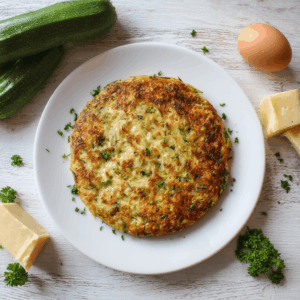 Goudbruin gebakken courgette rösti met gesmolten oude kaas, vers uit de airfryer geserveerd op een klein bordje en afgewerkt met fijngehakte peterselie.