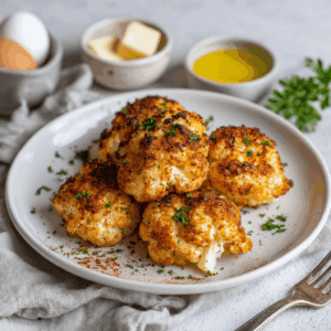 Goudbruine bloemkool nuggets uit de airfryer, krokant van buiten en zacht van binnen, geserveerd op een klein bordje met een vleugje verse peterselie.