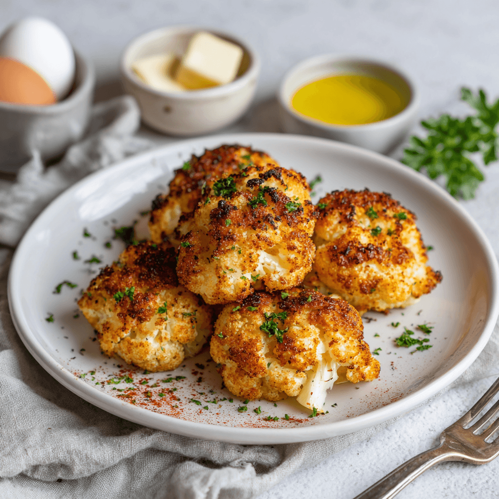 Goudbruine bloemkool nuggets uit de airfryer, krokant van buiten en zacht van binnen, geserveerd op een klein bordje met een vleugje verse peterselie.