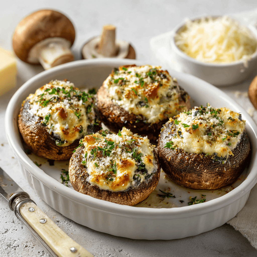 Gevulde champignons uit de airfryer met romige roomkaasvulling en goudbruin gesmolten kaas, geserveerd op een klein bordje met verse peterselie.