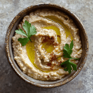 Zachte geroosterde auberginedip met olijfolie, citroen en knoflook. Een romige, vegan mediterrane spread vol smaak, gezond, licht en heerlijk veelzijdig.