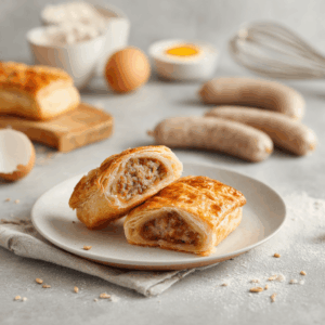 Goudbruin gebakken keto worstenbroodje uit de airfryer, met krokant deeg en een sappige worstvulling, geserveerd op een klein bordje.