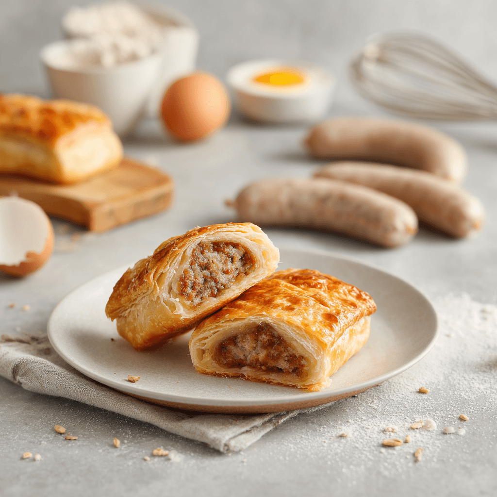 Goudbruin gebakken keto worstenbroodje uit de airfryer, met krokant deeg en een sappige worstvulling, geserveerd op een klein bordje.