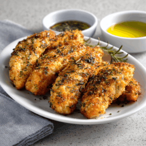 Goudbruin gebakken keto kipreepjes uit de airfryer, gekruid met kruiden en specerijen, geserveerd als sappige, malse kipstukjes op een klein bord.