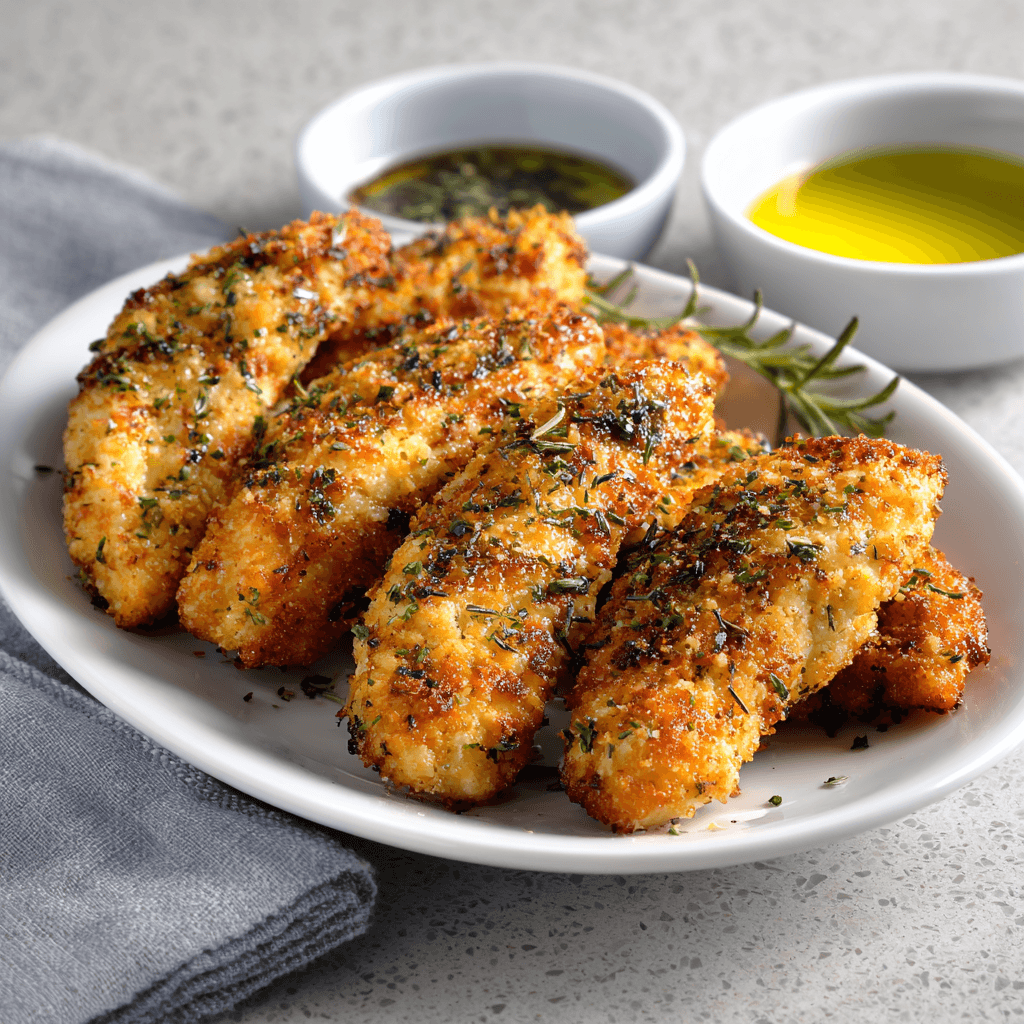 Goudbruin gebakken keto kipreepjes uit de airfryer, gekruid met kruiden en specerijen, geserveerd als sappige, malse kipstukjes op een klein bord.