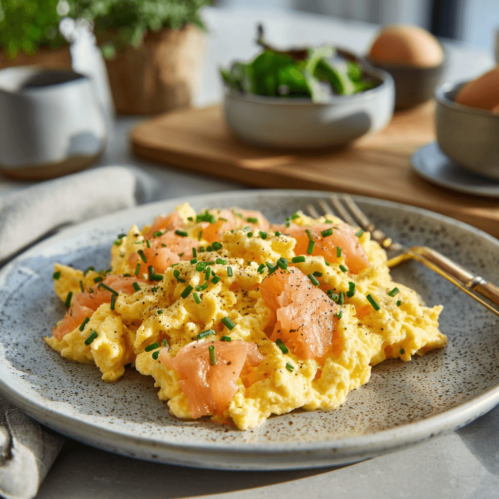 Airfryer roerei met zalm en bieslook