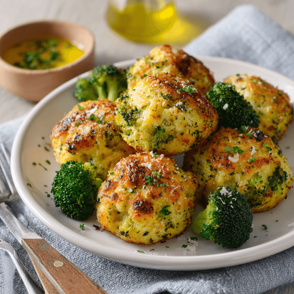 Goudbruine broccoli kaas bites uit de airfryer, knapperig van buiten en zacht van binnen, geserveerd als kleine hapklare balletjes op een bord.