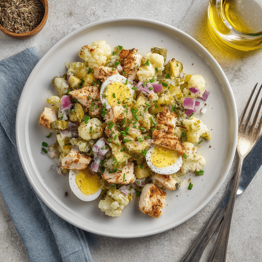 Keto huzarensalade met stukjes kipfilet, ei, bloemkool, augurk en selderij, gemengd met romige mayonaise en geserveerd als frisse salade op een bord.