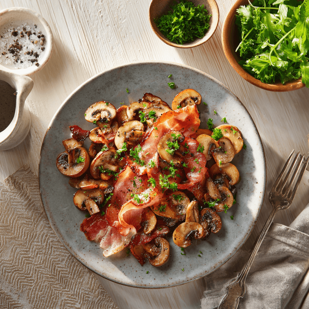Krokant ontbijtspek met goudbruine champignons, warm geserveerd op een klein bord en afgewerkt met fijngehakte peterselie. Het gerecht heeft een hartige, rustieke uitstraling met glanzende champignons en licht krokant spek uit de airfryer.