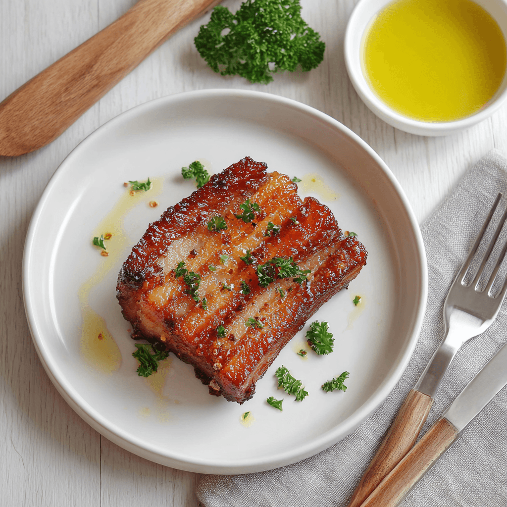 Een goudbruin en krokant gebakken keto speklapje uit de airfryer, geserveerd op een donker bord met een lichte garnering van fijngehakte peterselie. Het speklapje heeft een knapperige rand en sappige binnenkant, met warme kruiden zoals paprika en knoflook zichtbaar op het oppervlak.