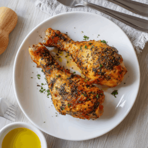 Twee goudbruin gebakken keto kipdrumsticks uit de airfryer, gekruid met Hollandse kruiden zoals tijm en rozemarijn, geserveerd op een rustiek bord met een lichte garnering van verse peterselie. De kip heeft een krokante huid en sappige binnenkant, met een warme en huiselijke uitstraling.