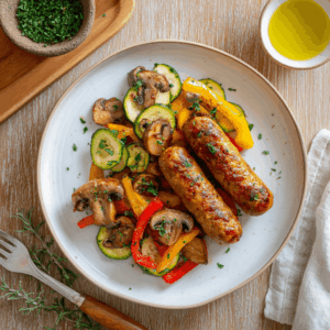 Een bord met keto airfryer worstjes geserveerd met gebakken groenten zoals courgette, paprika en champignons. De worstjes zijn goudbruin en licht krokant, terwijl de groenten zacht en gekruid ogen met een glans van olijfolie en een vleugje peterselie als garnering.