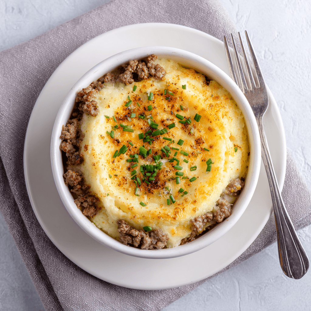 Keto airfryer gehakt ovenschotel met romige bloemkoolpuree en gesmolten kaas, goudbruin gebakken in een ovenschaaltje en afgewerkt met bieslook.