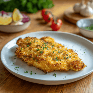 Goudbruin gebakken kip schnitzel uit de airfryer, gepaneerd met amandelmeel en licht gekruid, knapperig van buiten en sappig van binnen.