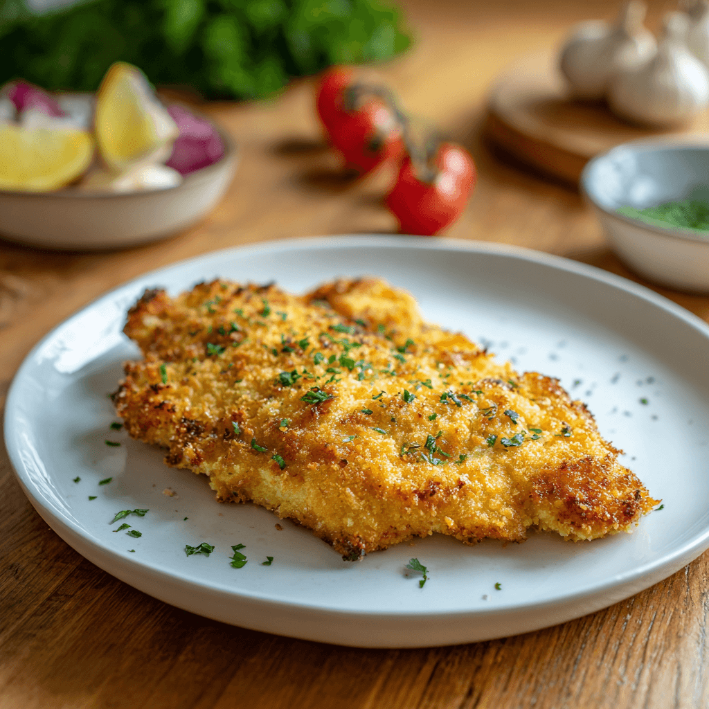 Goudbruin gebakken kip schnitzel uit de airfryer, gepaneerd met amandelmeel en licht gekruid, knapperig van buiten en sappig van binnen.