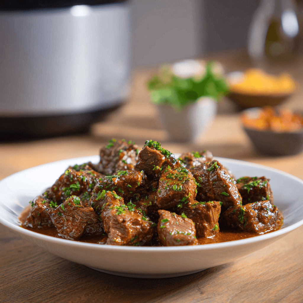 Keto snel stoofvlees uit de airfryer in een klein schaaltje, gemaakt van malse runderblokjes met ui, knoflook en een lichte tomatensaus, gegarneerd met verse peterselie.