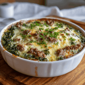 Een goudbruin gegratineerde boerenkool ovenschotel in een klein ovenschaaltje, gevuld met kruidige boerenkool, rul gebakken rundergehakt, krokante spekreepjes en gesmolten oude kaas. De ovenschotel is net uit de airfryer gehaald en afgewerkt met een beetje verse peterselie voor een huiselijke, winterse uitstraling.